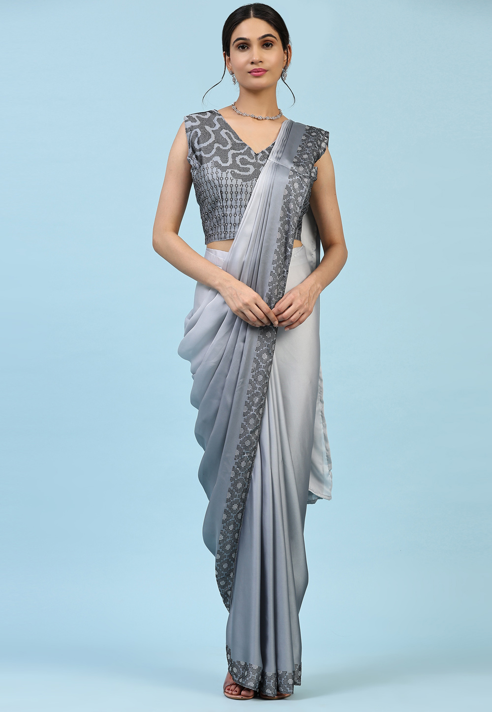 Grey Satin Georgette Saree With Blouse 268463