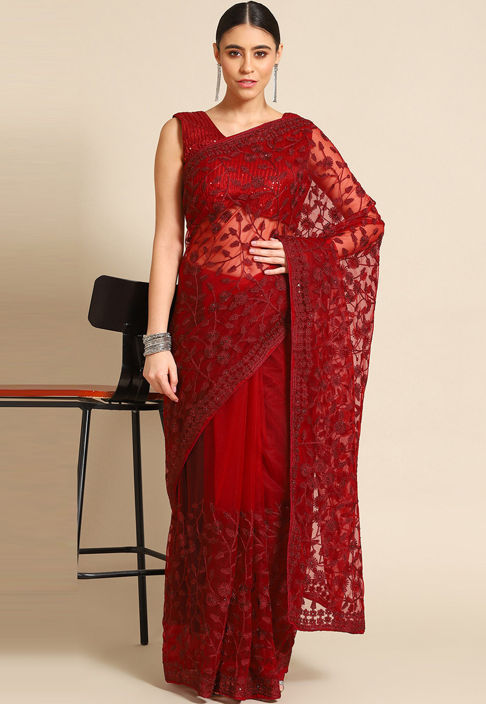 Maroon Net Saree With Blouse 268467