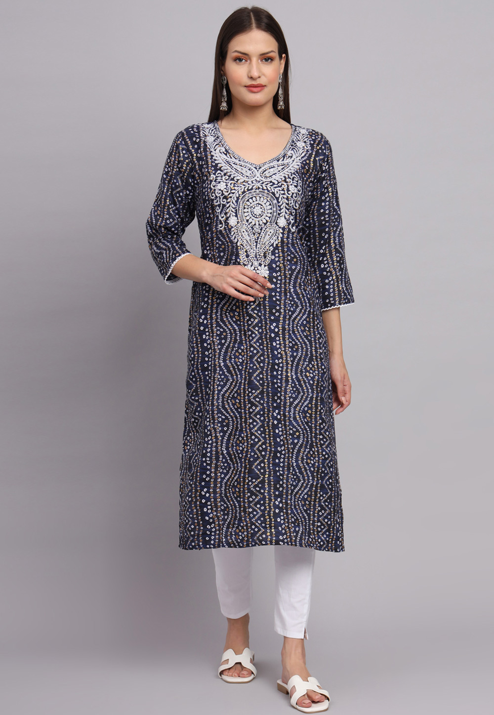 Navy Blue Cotton Printed Long Kurti 268513