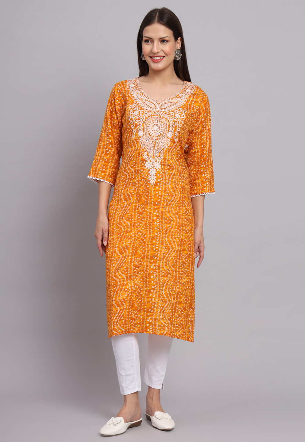 Orange Cotton Printed Long Kurti 268515