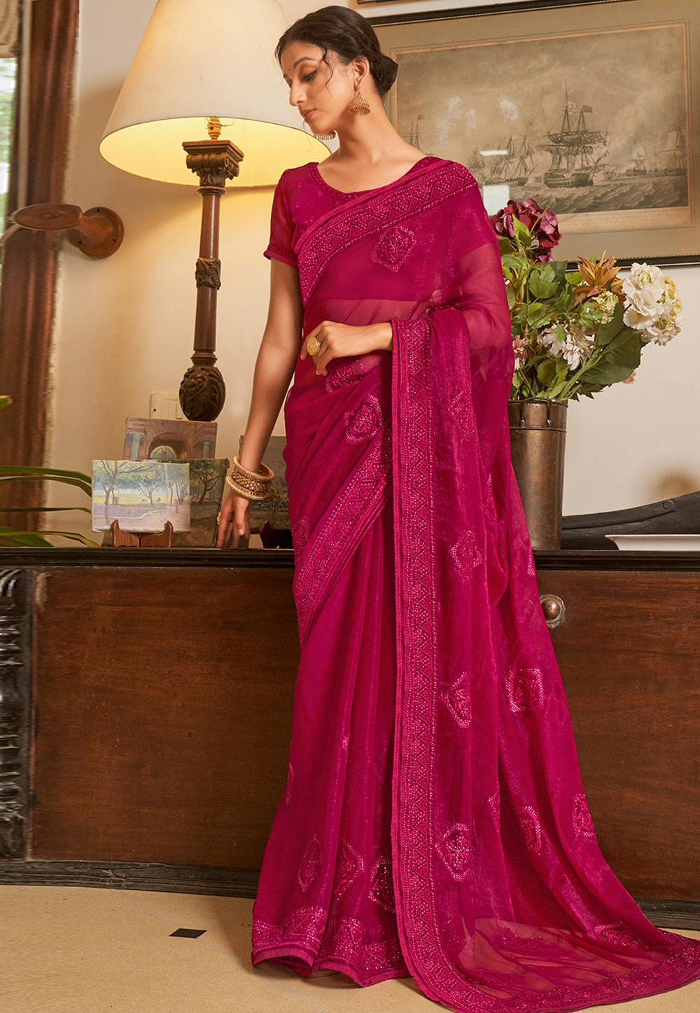 Magenta Shimmer Saree With Blouse 268586