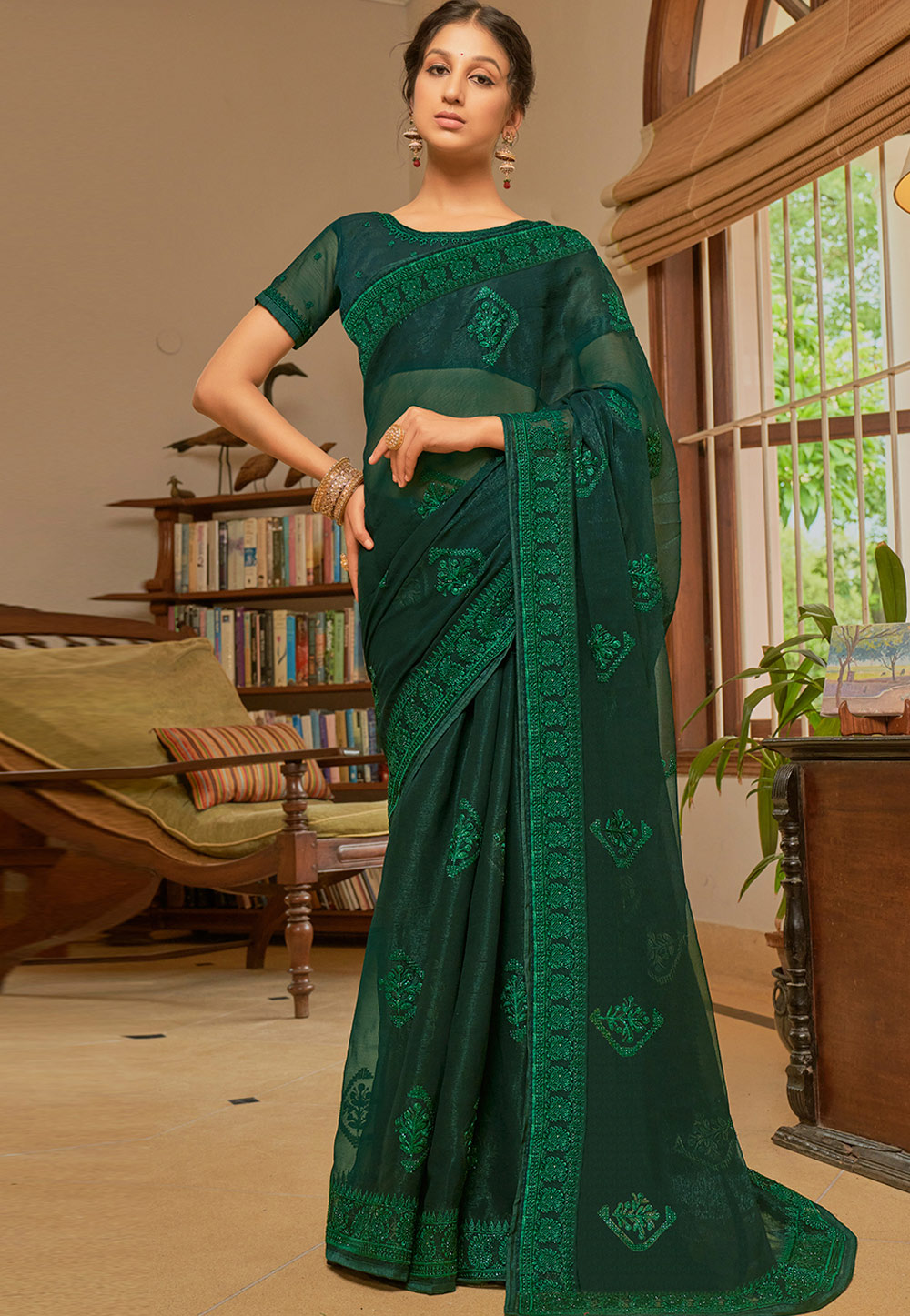 Green Shimmer Saree With Blouse 268587