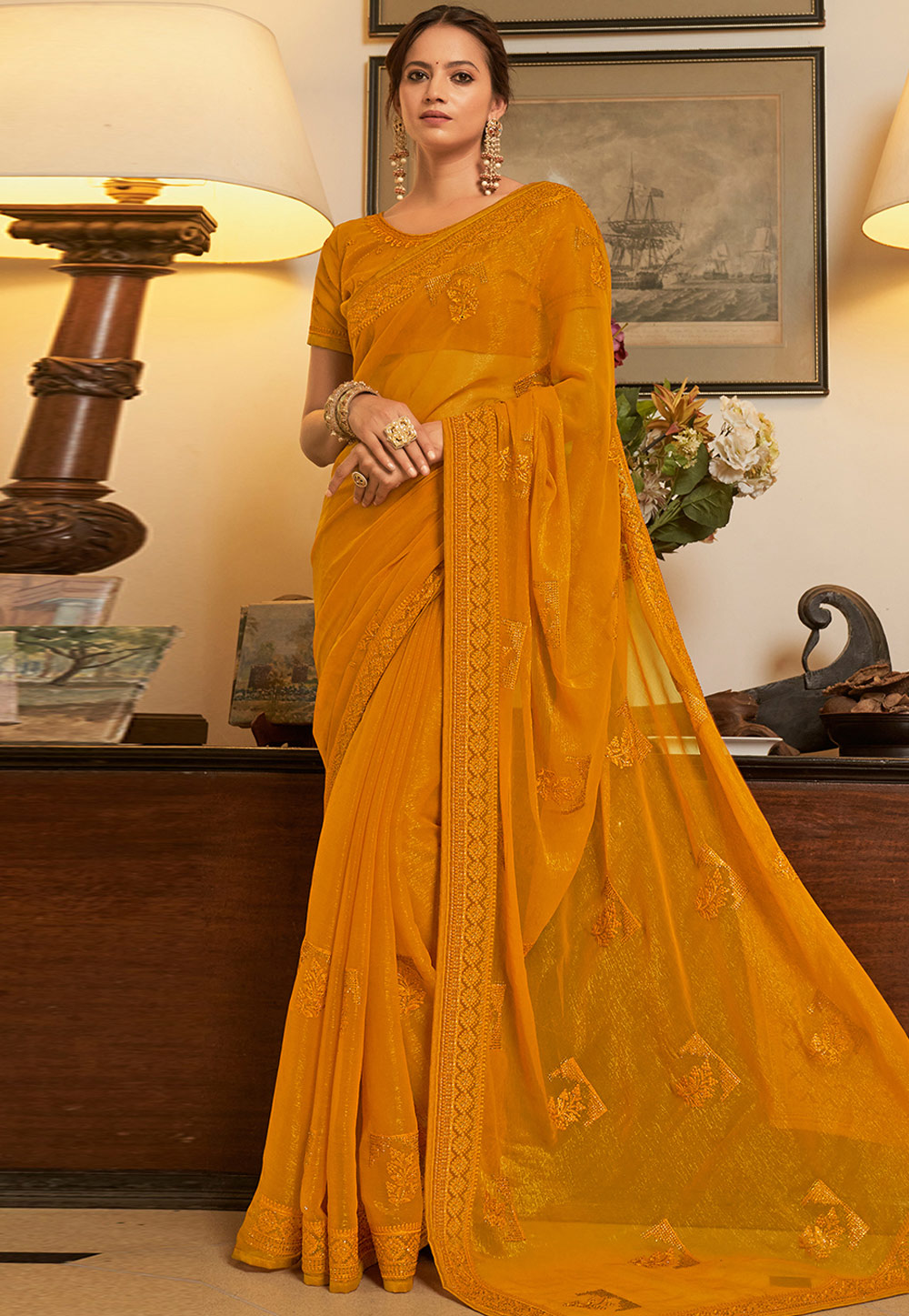 Orange Shimmer Saree With Blouse 268588