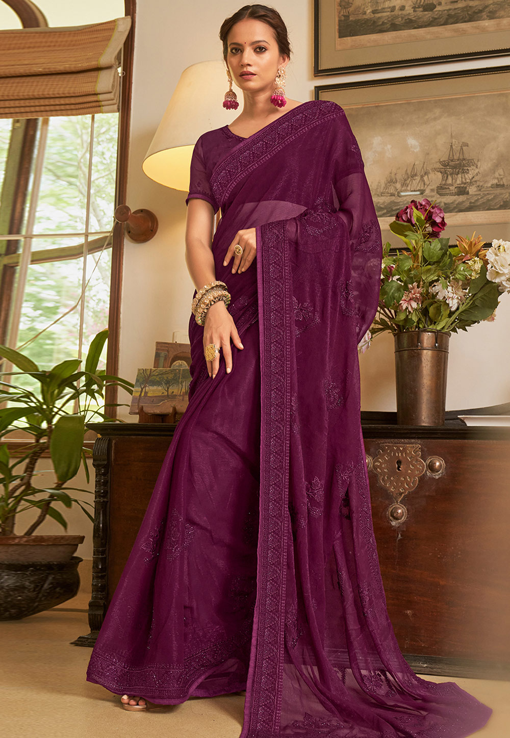 Purple Shimmer Saree With Blouse 268589
