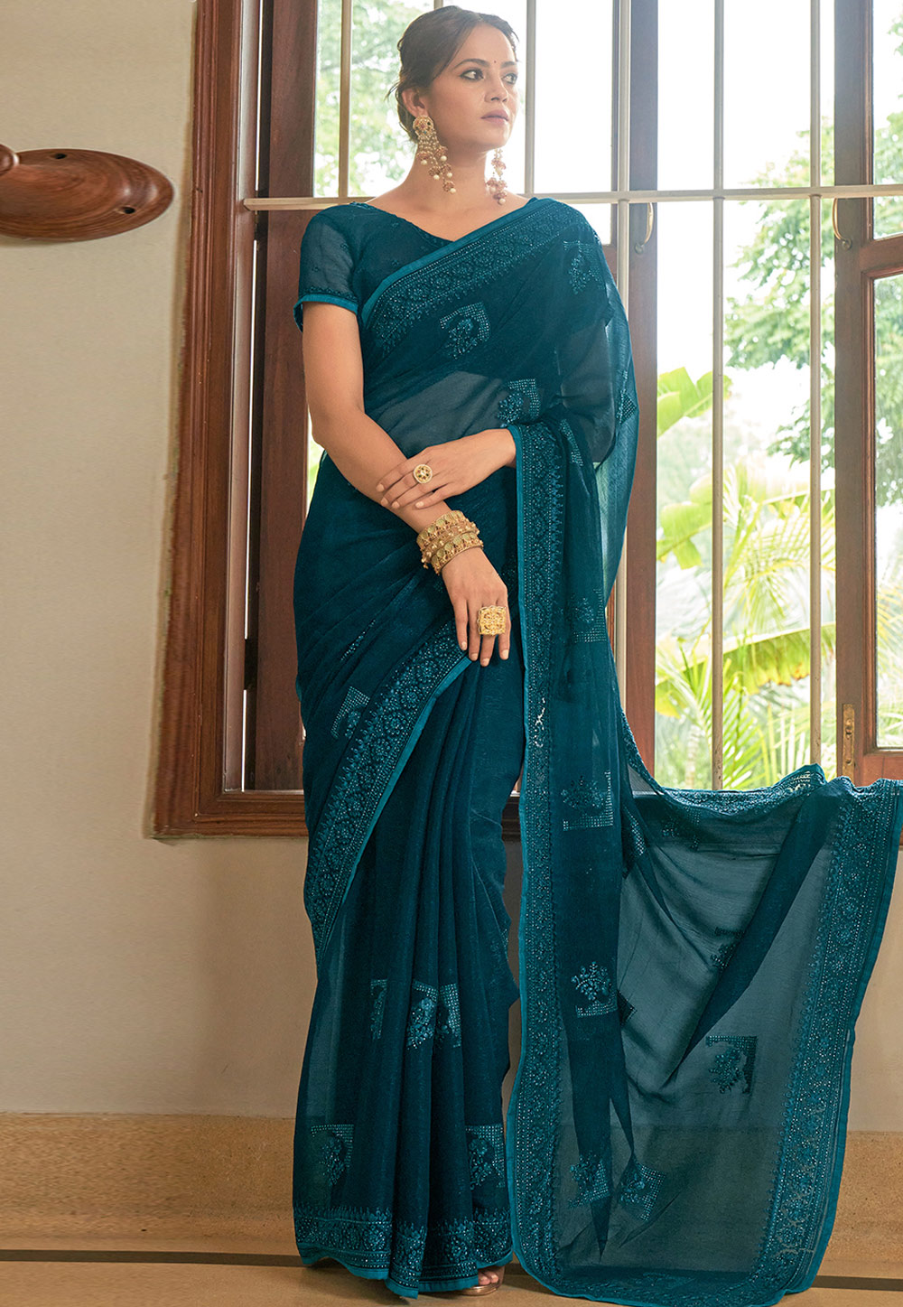 Teal Shimmer Saree With Blouse 268591
