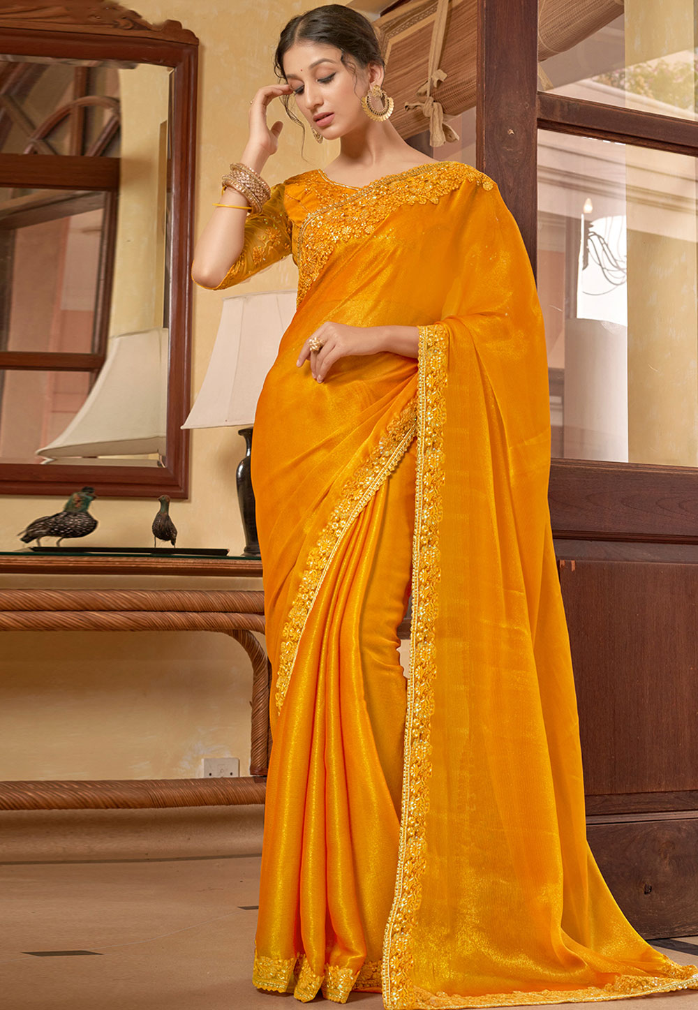 Orange Chiffon Saree With Blouse 268595