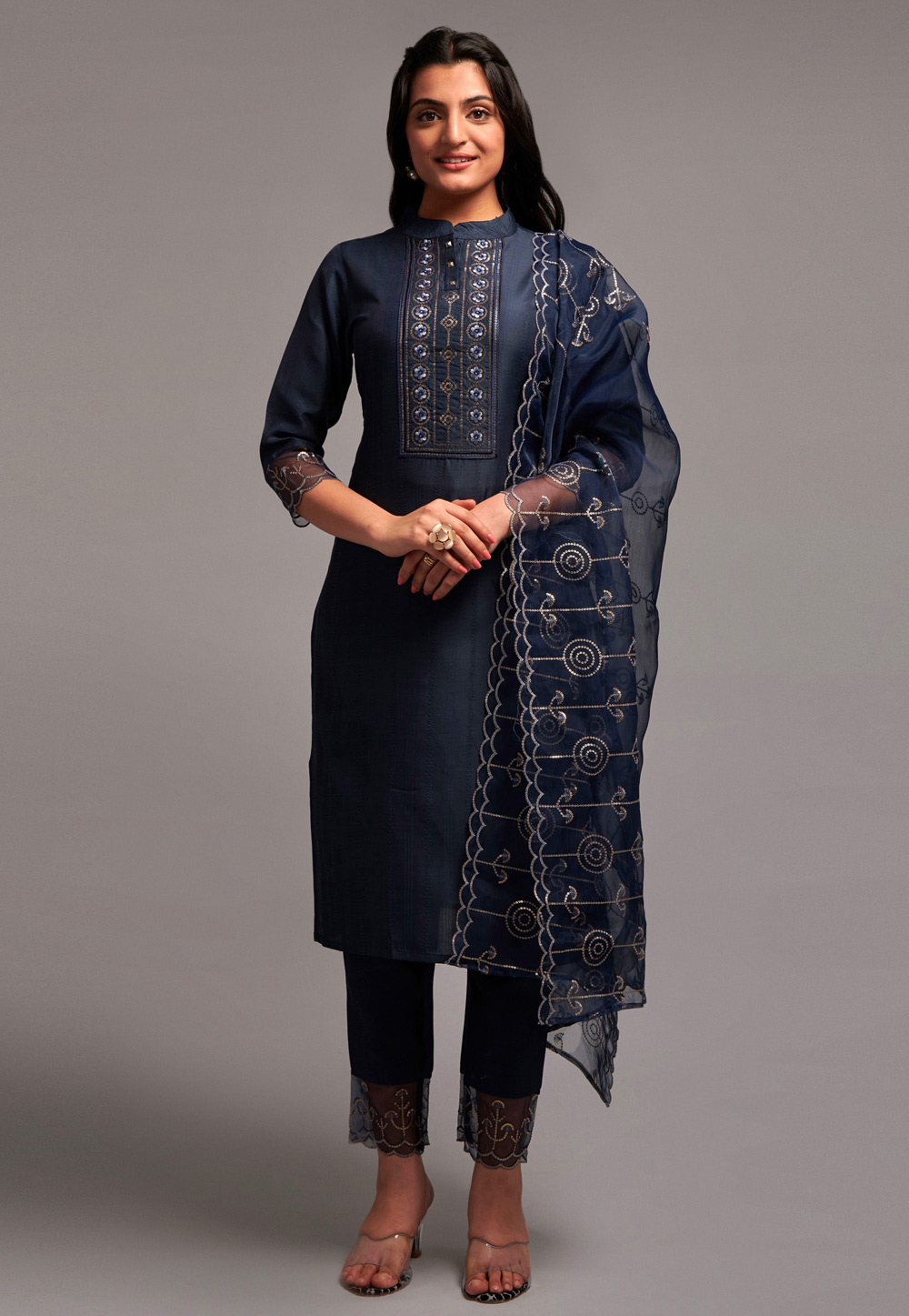 Navy Blue Silk Readymade Pant Style Suit 268742