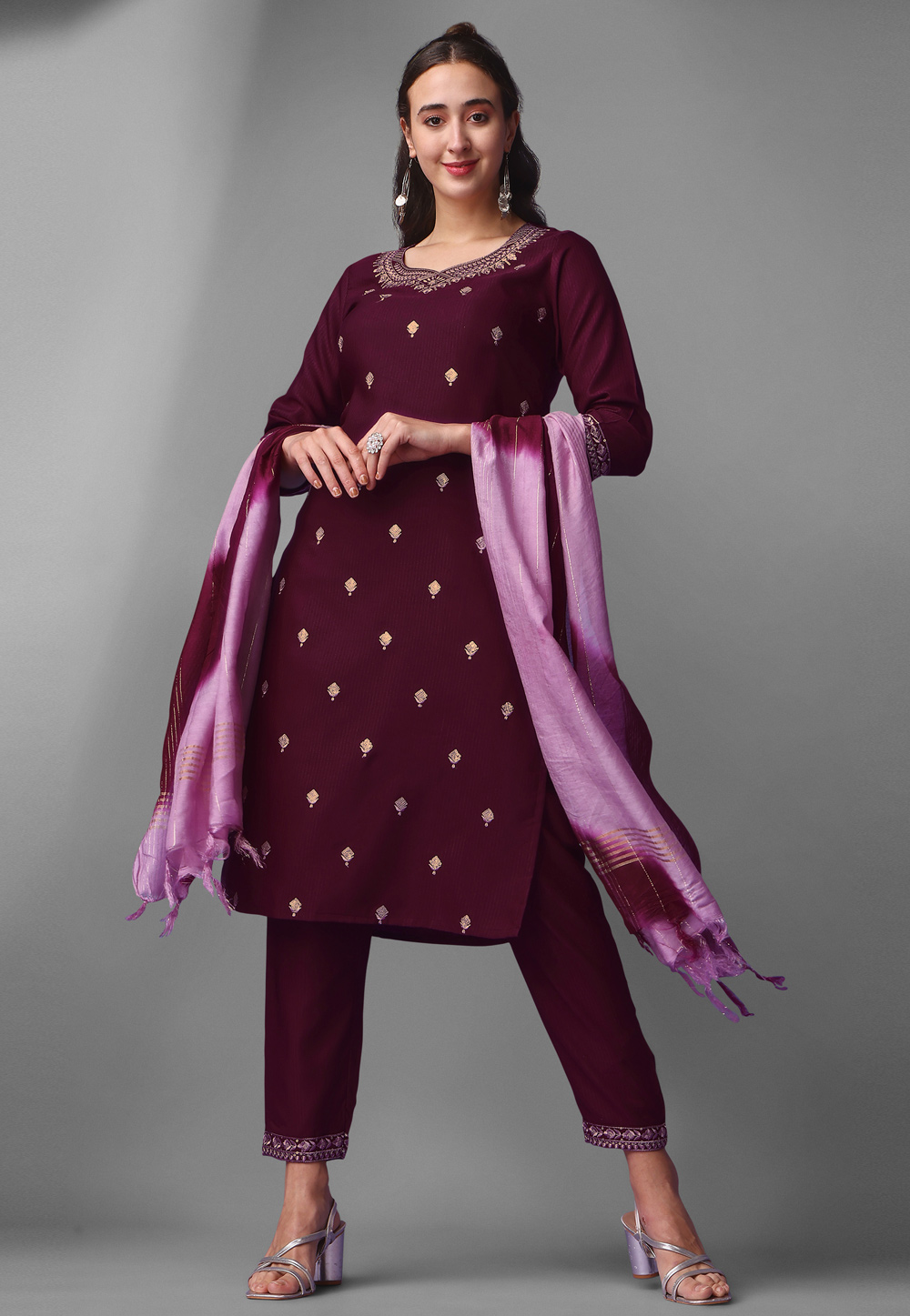 Wine Chinon Silk Readymade Pant Style Suit 268744