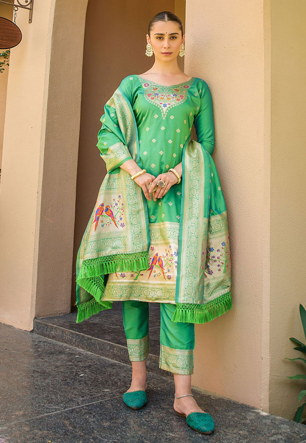 Light Green Banarasi Silk Pakistani Suit 269104