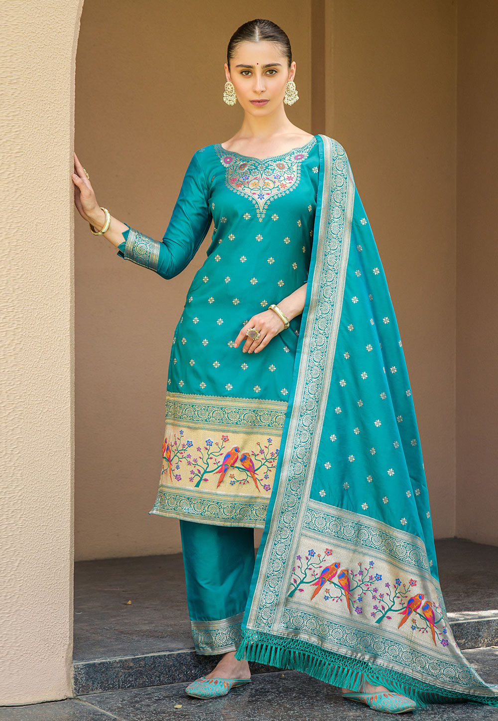 Green Thread Embroidered Pant Style Salwar Kameez