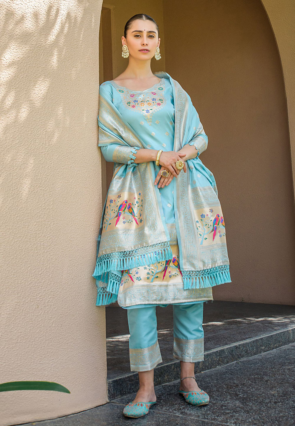Sky Blue Banarasi Silk Pant Style Suit 269109