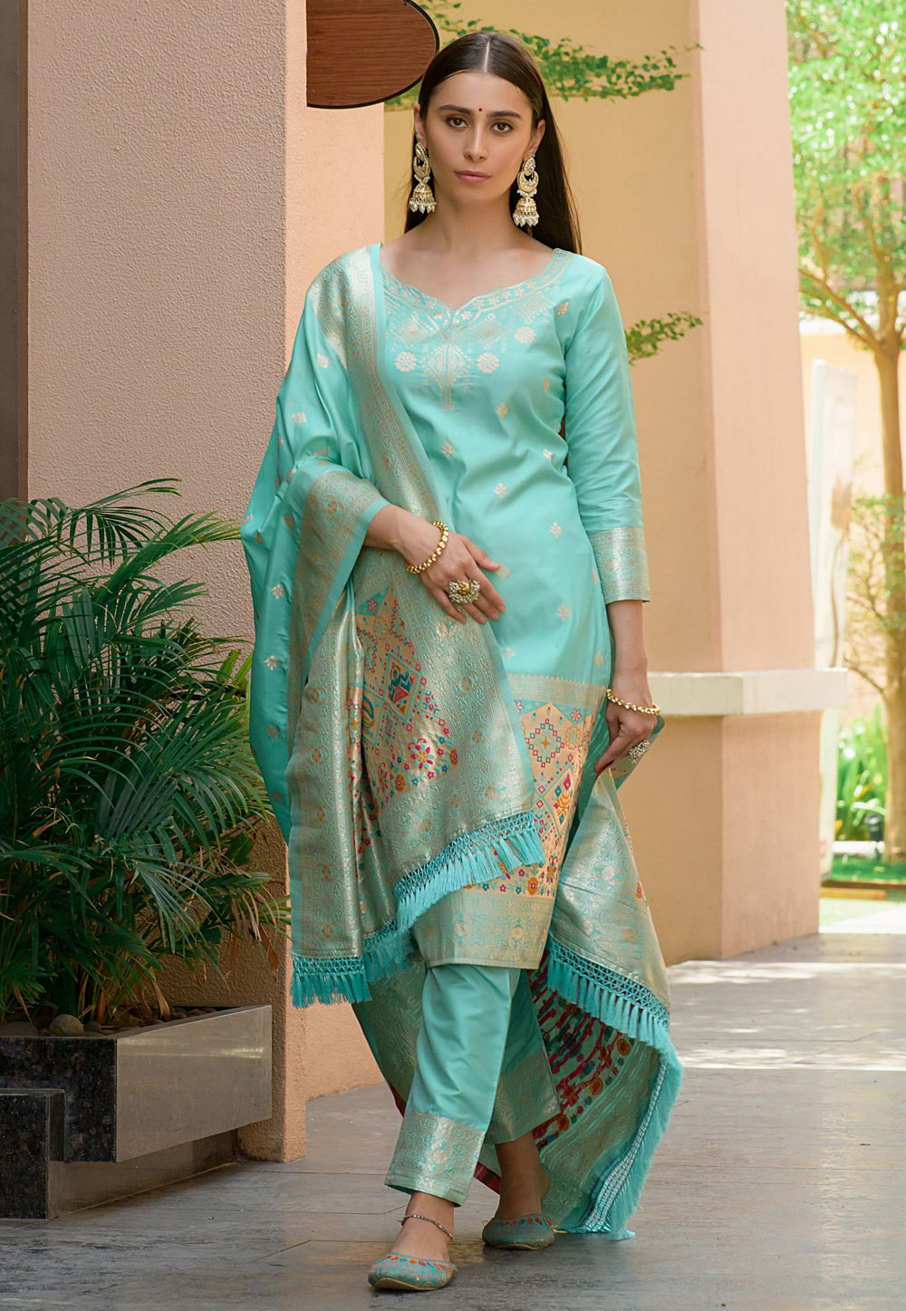 Sky Blue Banarasi Silk  Pant Style Suit 269093