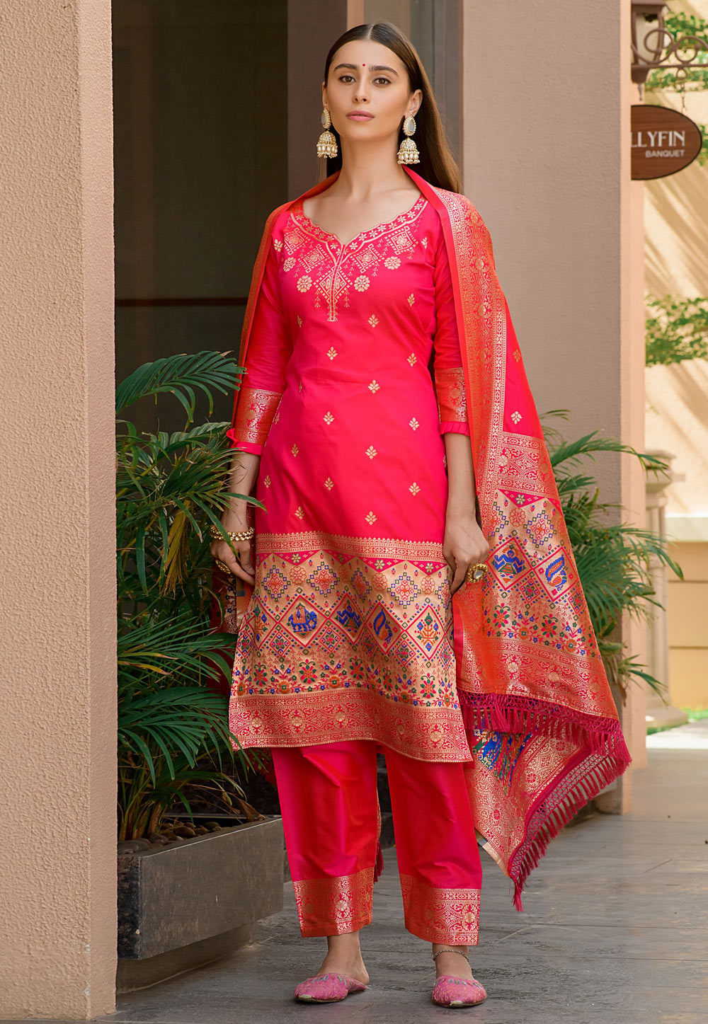 Magenta Banarasi Silk  Pakistani Suit 269094
