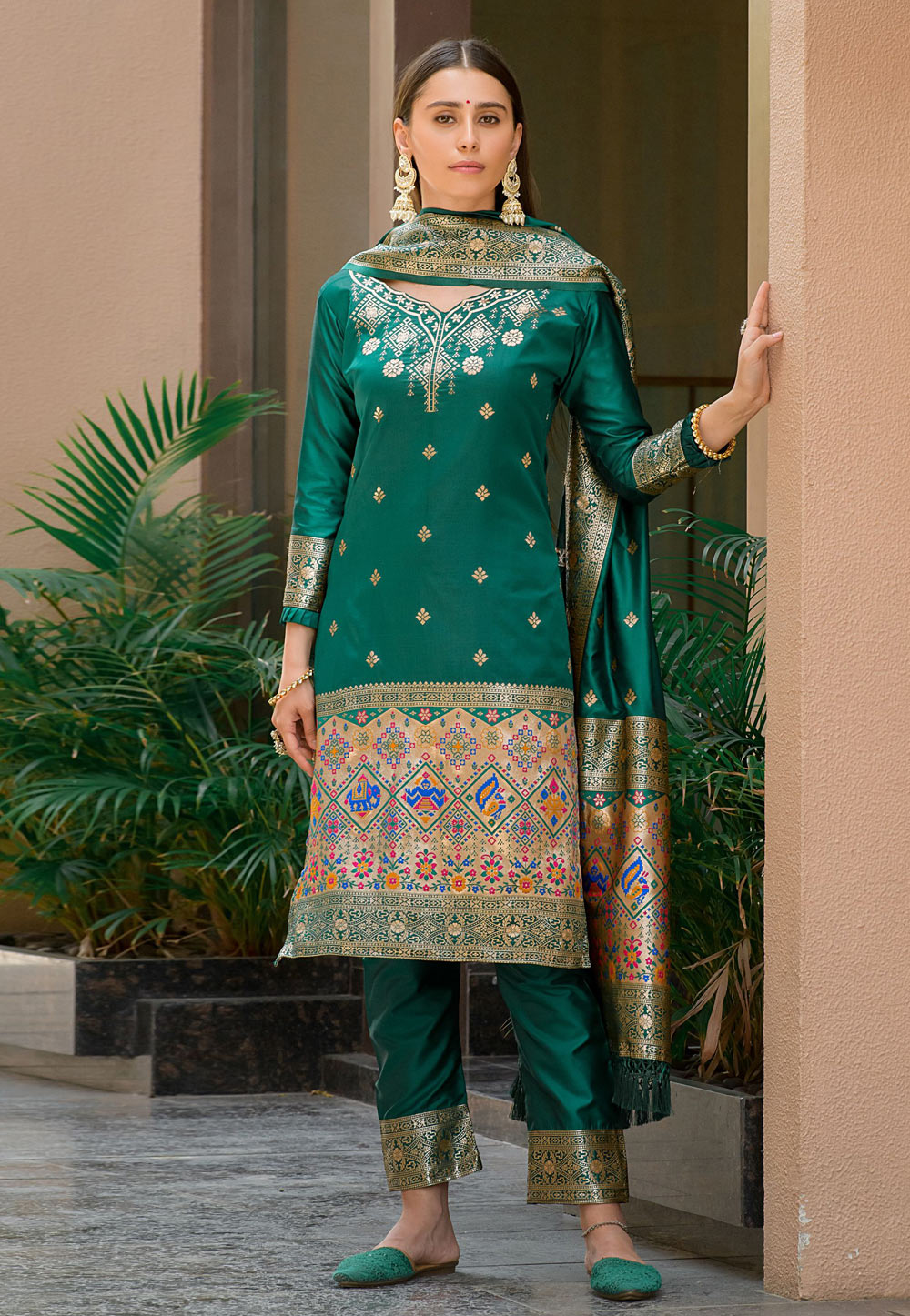 Green Banarasi Silk  Pant Style Suit 269095