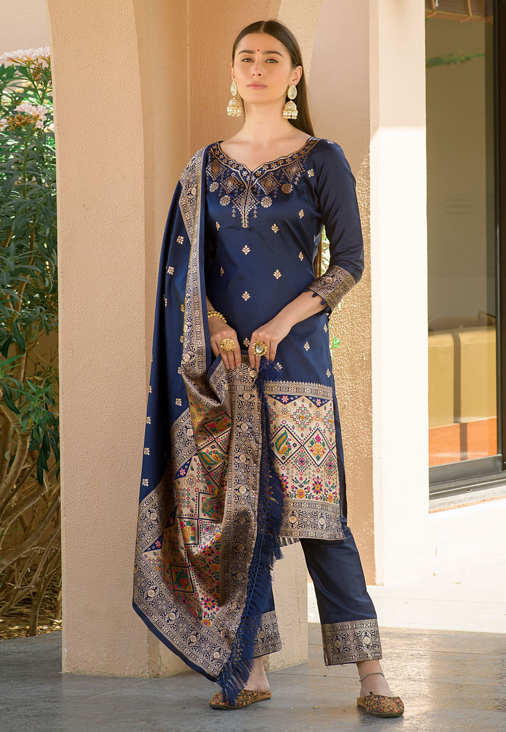 Navy Blue Banarasi Silk  Pakistani Suit 269096