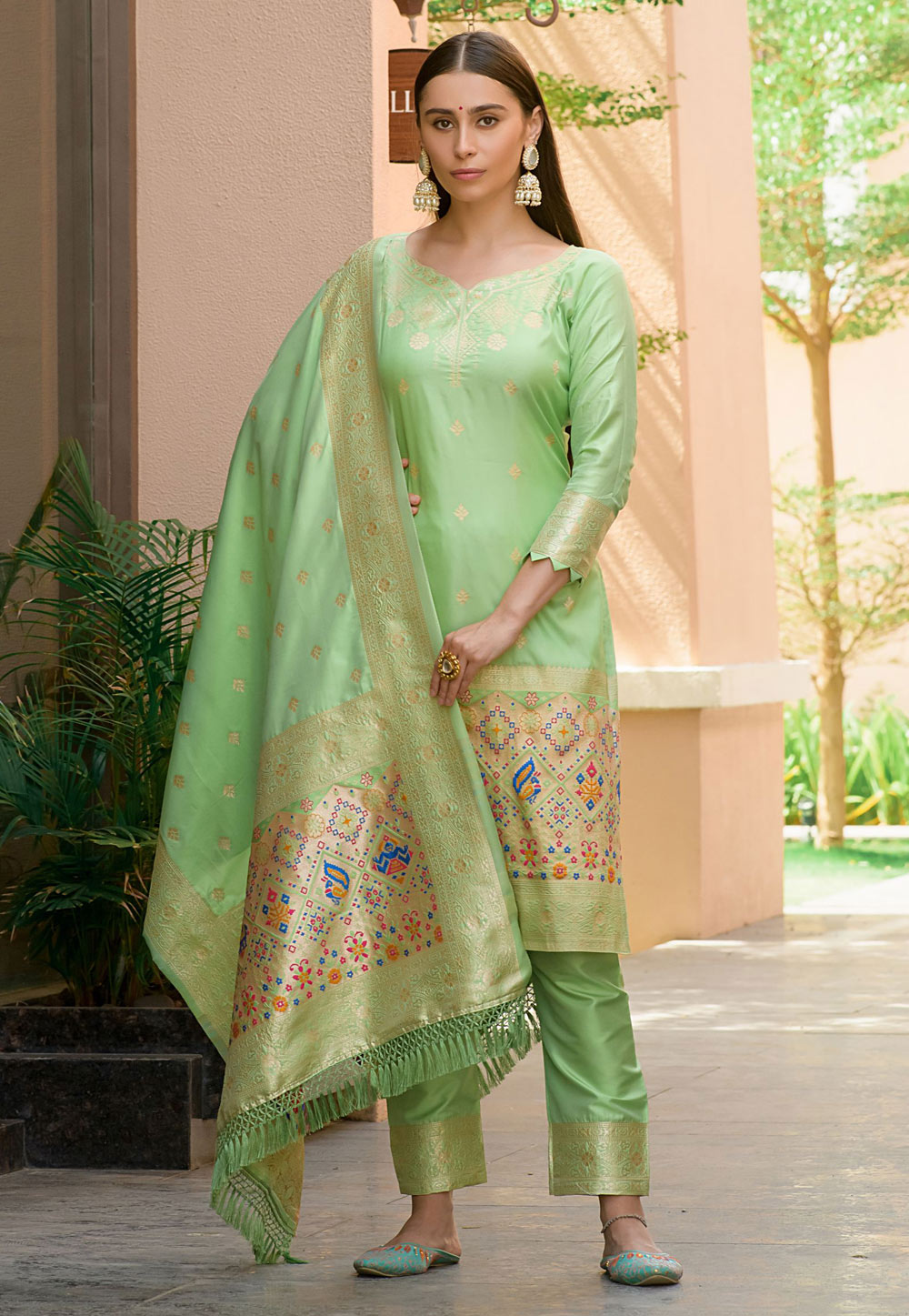 Light Green Banarasi Silk  Pakistani Suit 269098