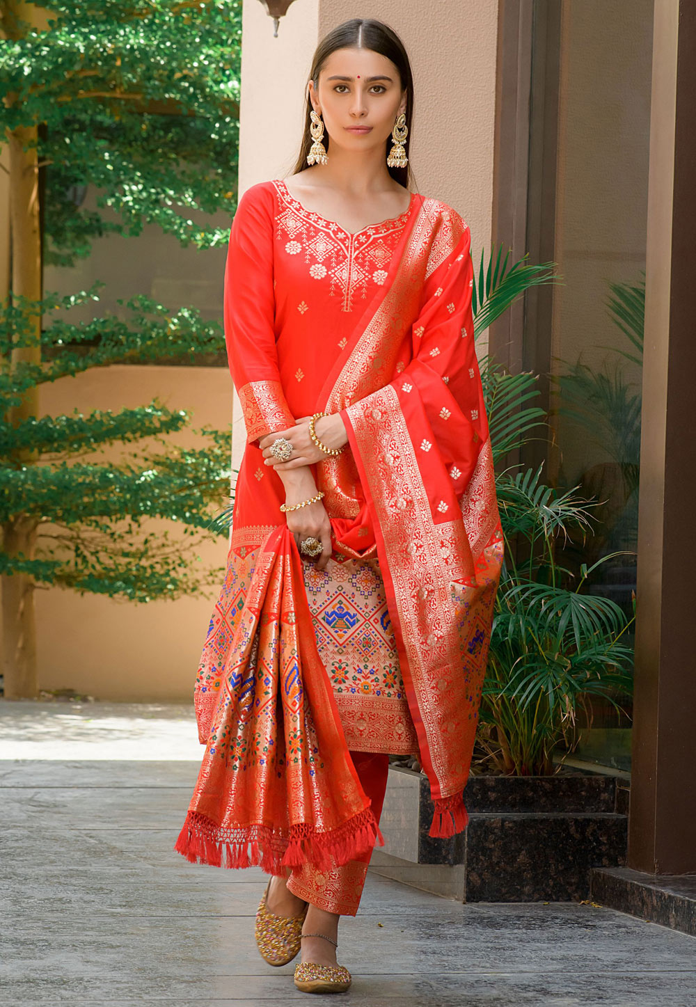 Red Banarasi Silk  Pant Style Suit 269099