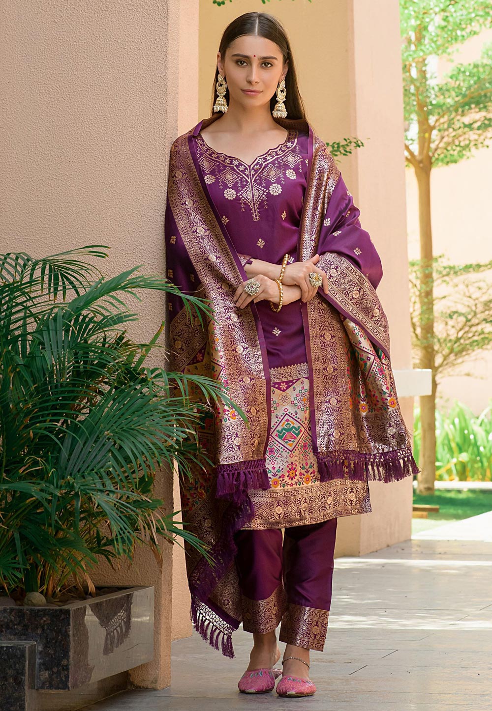 Purple Banarasi Silk  Pakistani Suit 269100