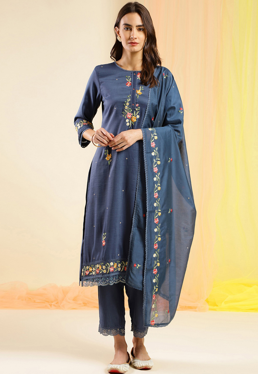 Navy Blue Chinon Readymade Pakistani Suit 268986