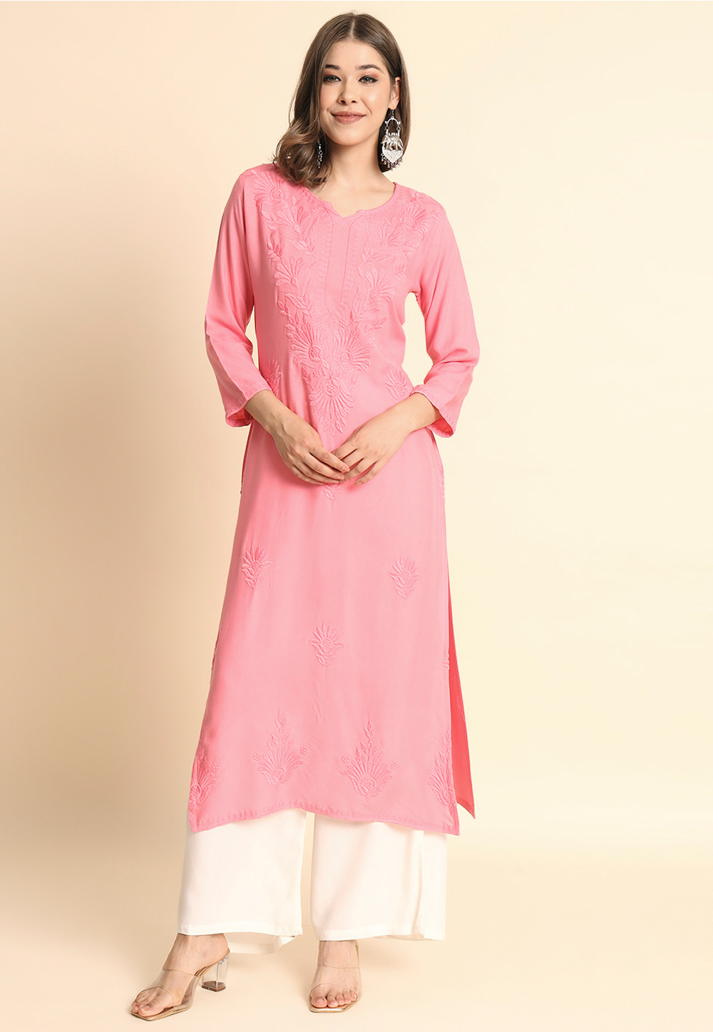 Buy Pink Embroidered Cotton Straight Kurta With Trousers & Dupatta Online  at Rs.2099 | Libas