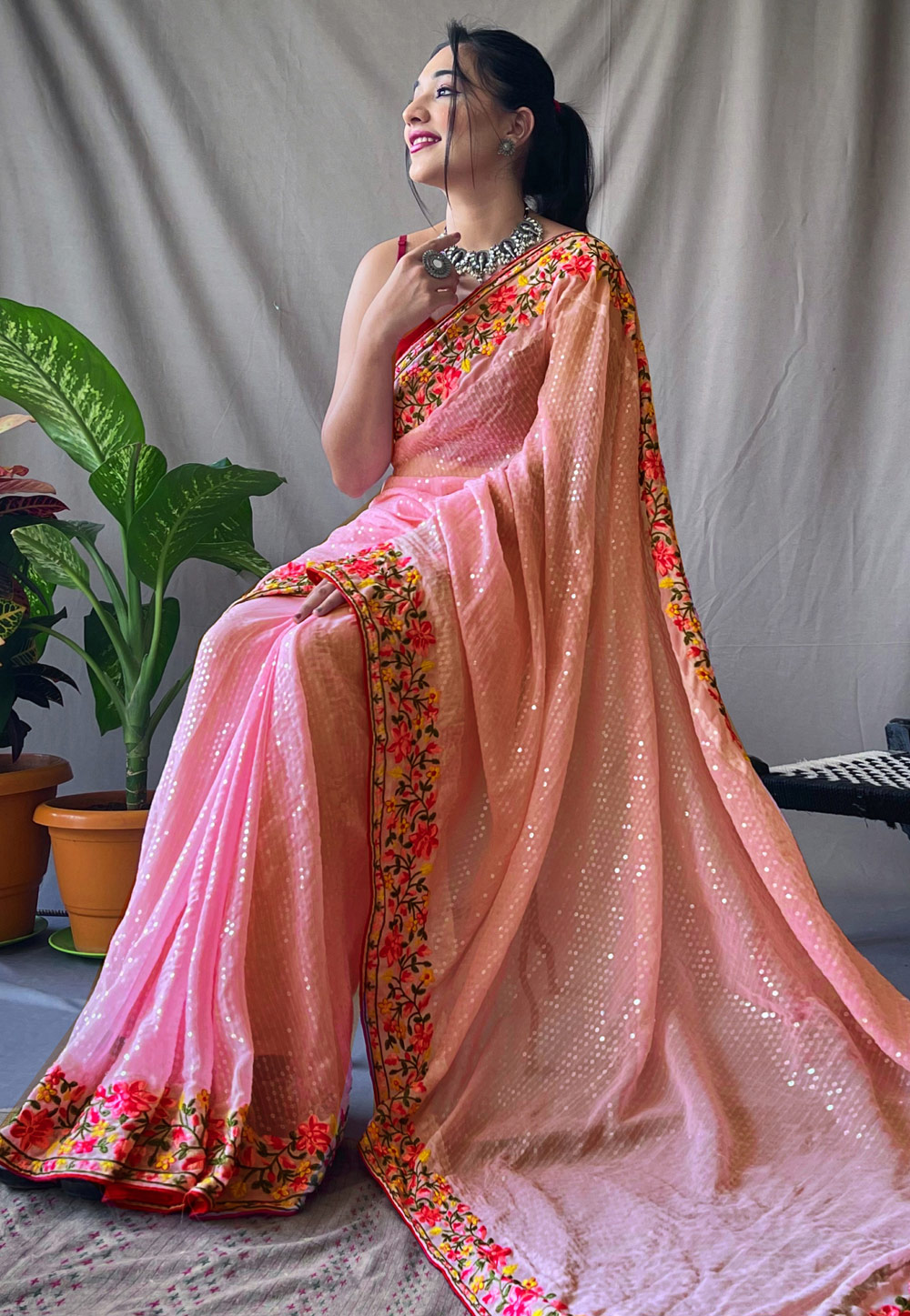 Pink Georgette Saree With Blouse 269375