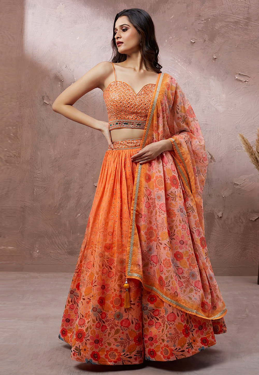 Buy Orange Dupion Silk Embroidered U Neck Lehenga Set For Women by Preeti S  Kapoor Online at Aza Fashions.