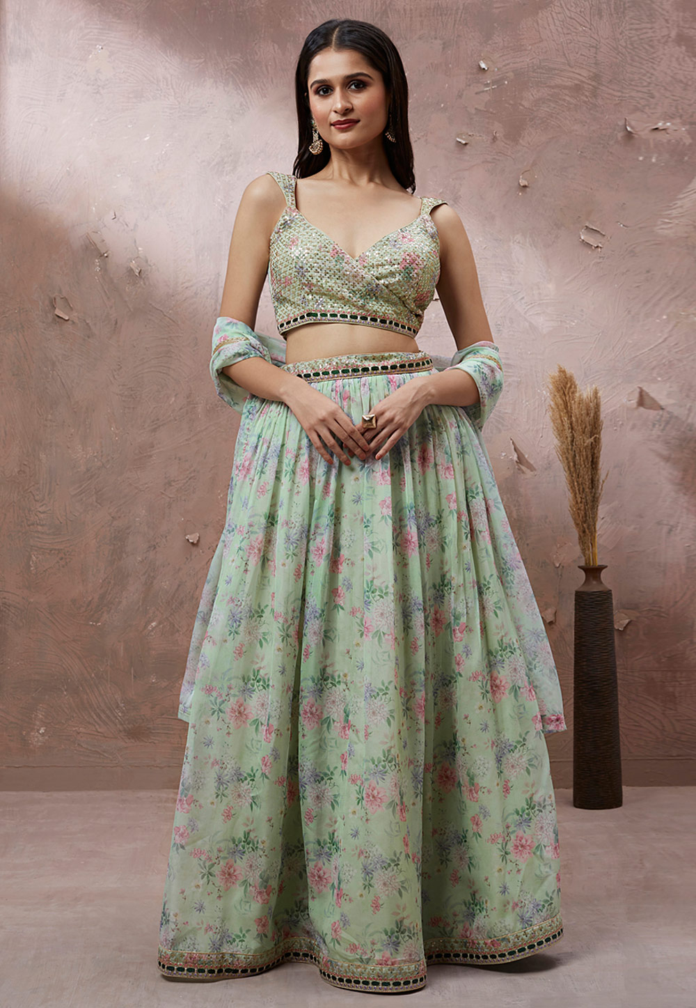 Buy Online Pista Green Sequenced Bridal Lehenga Choli