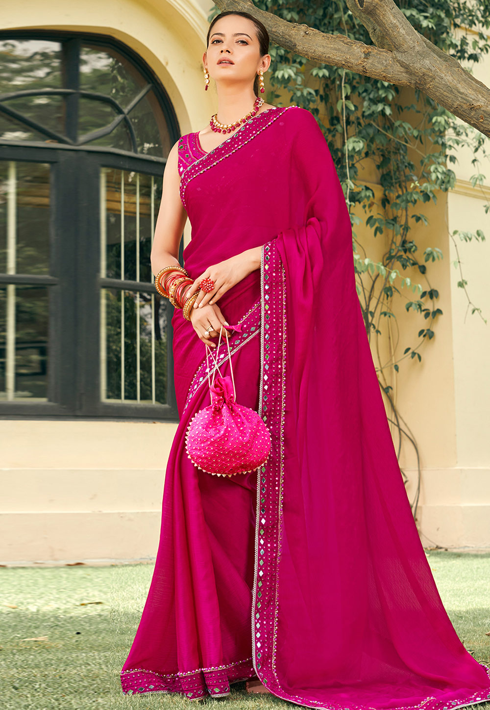 Pink Satin Chiffon Saree With Blouse 269570