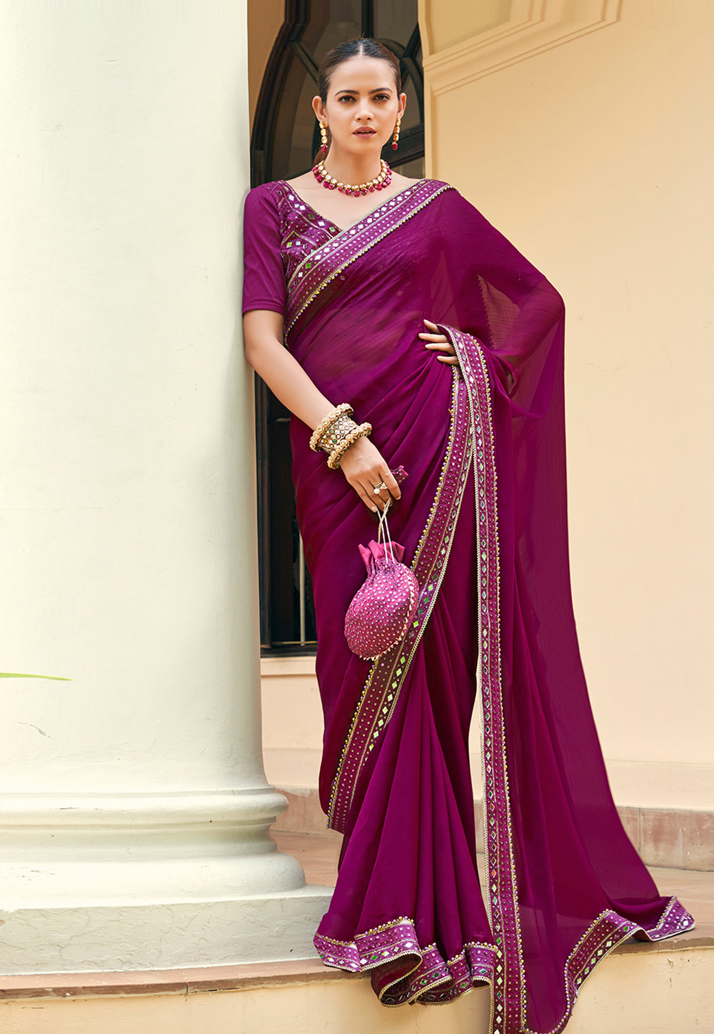 Purple Satin Chiffon Saree With Blouse 269575