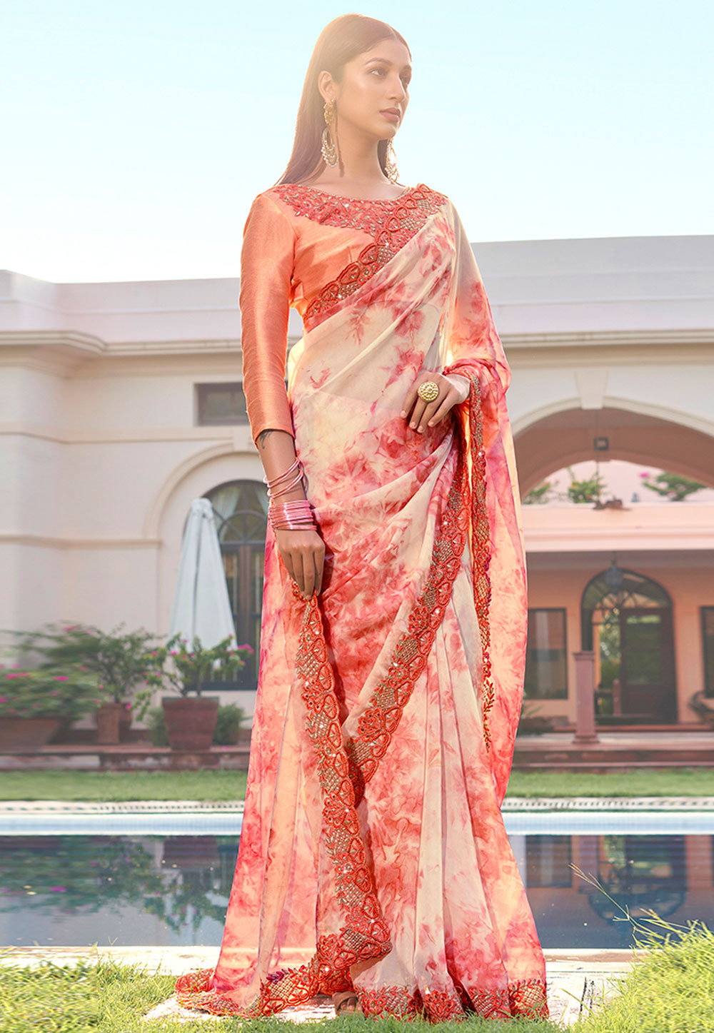 Cream Organza Saree With Blouse 269773
