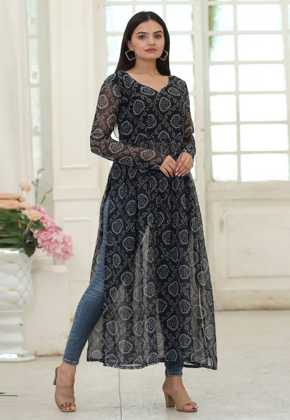 Floral Printed Mirror & Zari Embroidered Kurti with Pants Indo-Western –  FASHOR