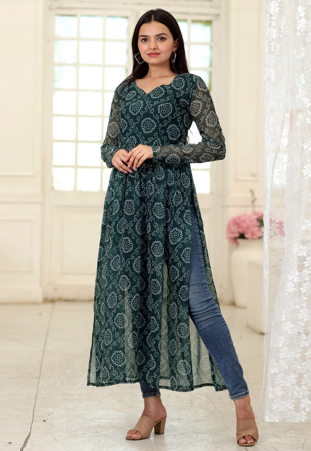 Green Faux Georgette Printed Long Tunic 269862