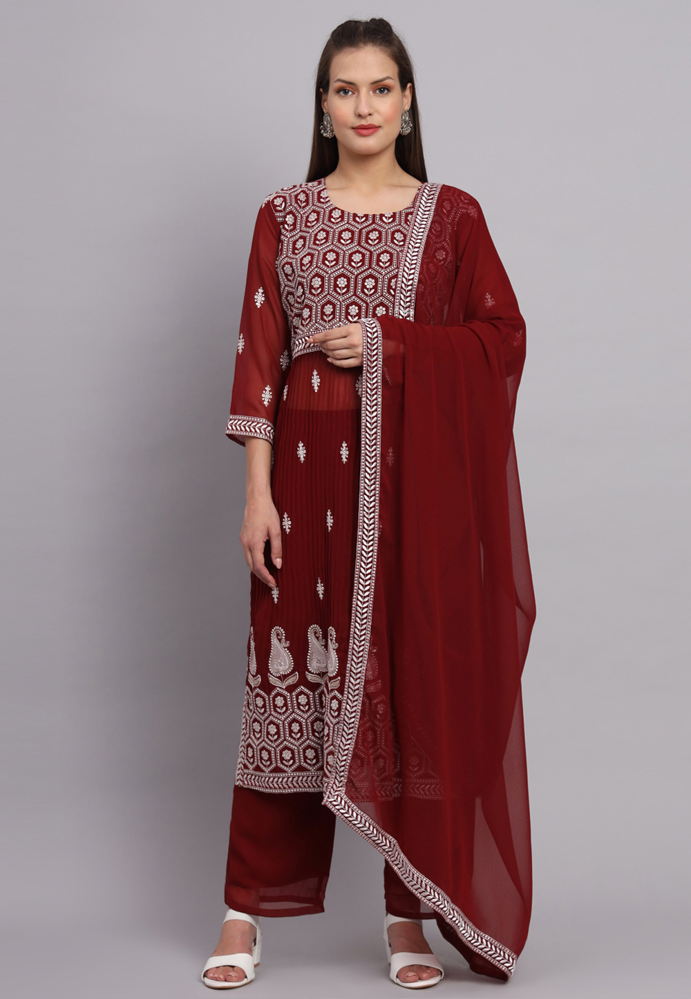 Maroon Georgette Readymade Pant Style Suit 269909
