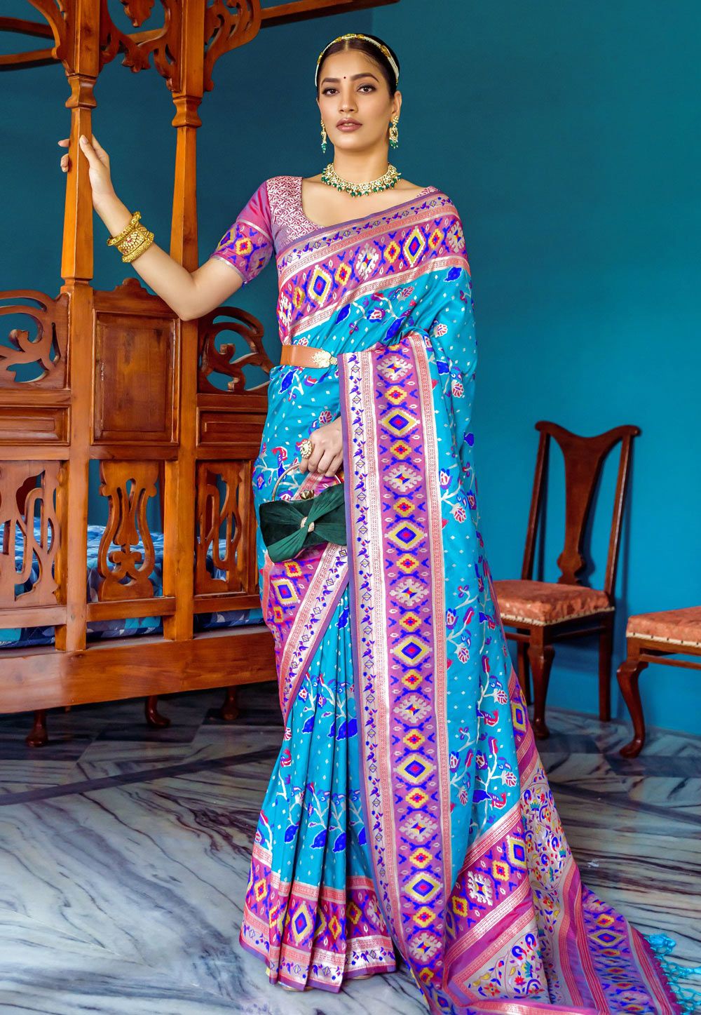 Rani Pink Silk Patola Saree with Teal Blue Patola Printed Blouse|SARV155096