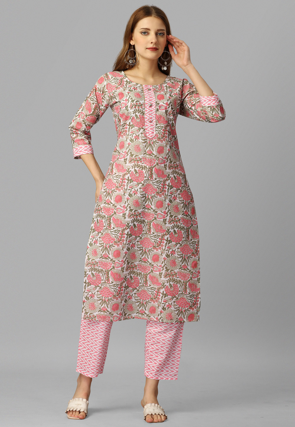 Pink Cambric Cotton Kurta Set With Pent 269986
