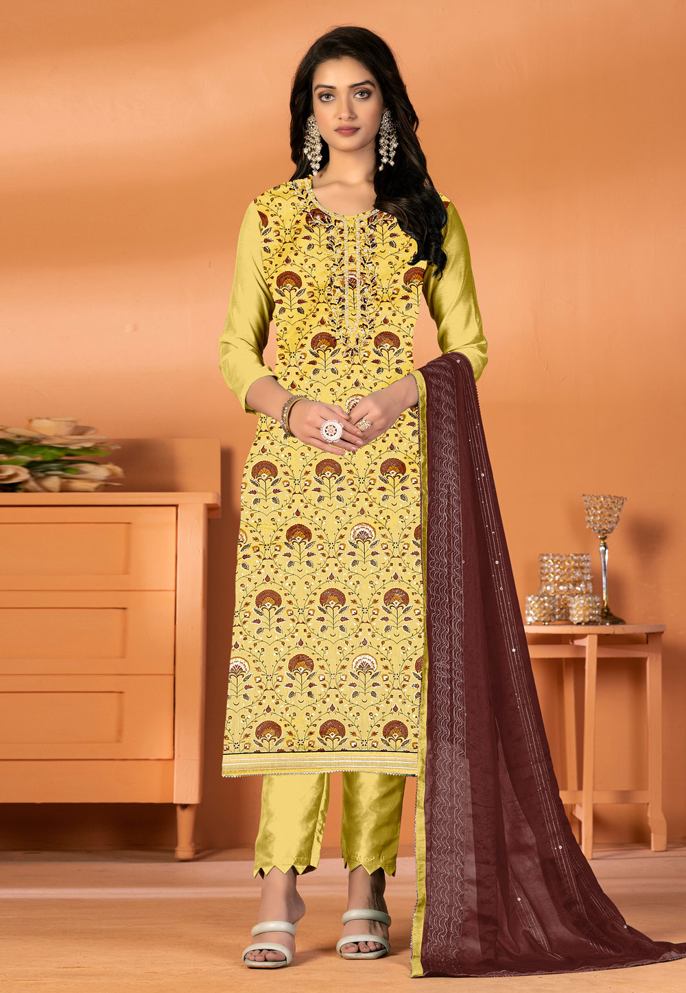 SIMI ENTERPRISE Banarsi Jaquard Spun Silk Fabric With Pure Santoon Inner  Printed Readymade Ankle Pant Plazo Suit For Womens and Girls