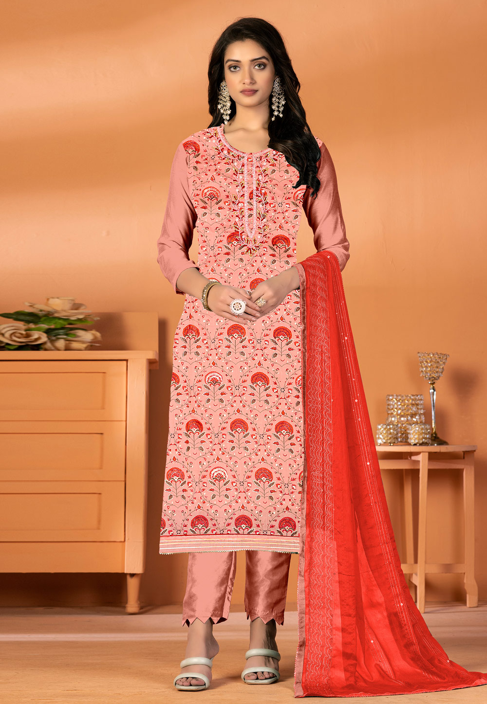 Peach Banarasi Silk Pakistani Suit 270196