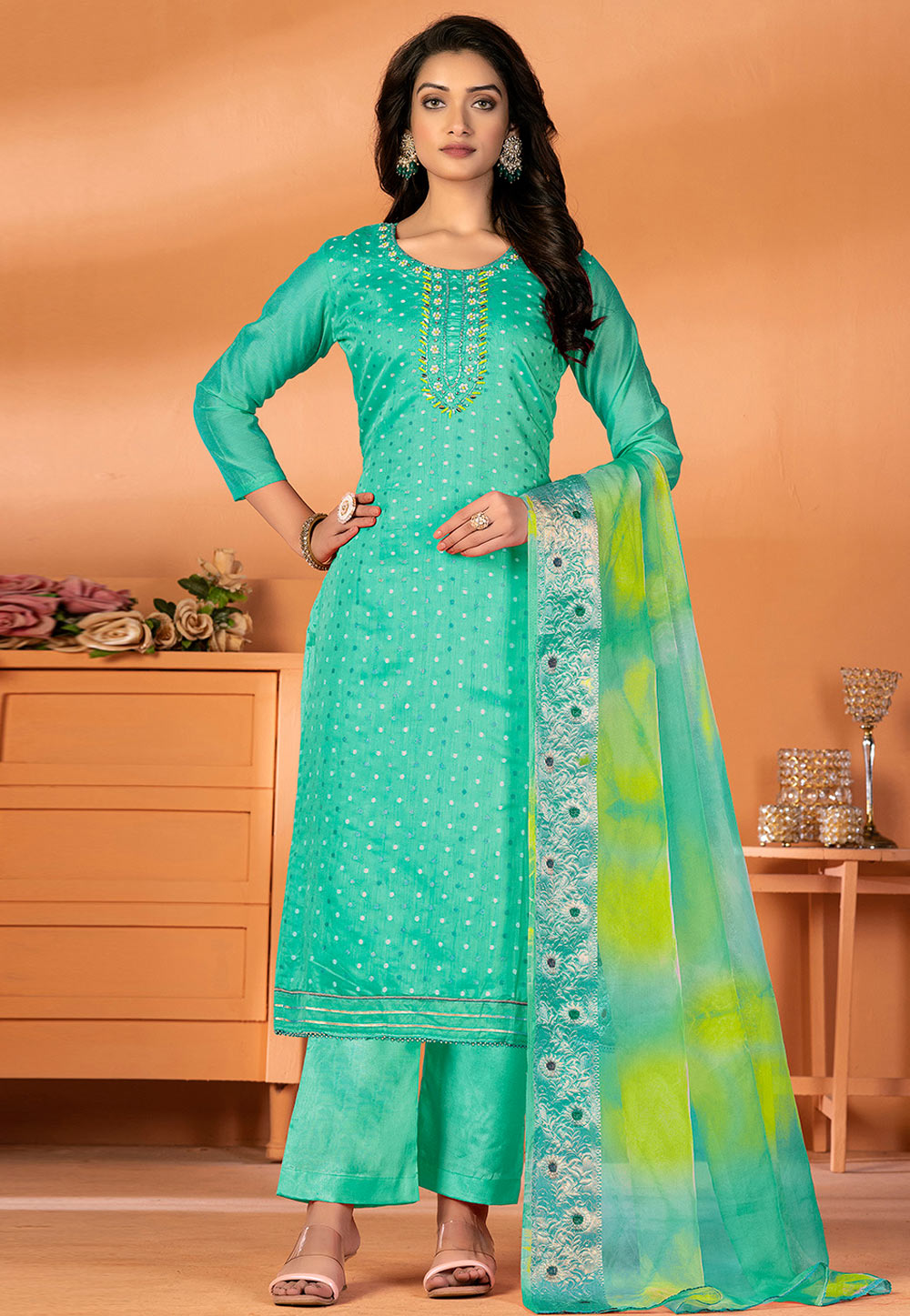 Sea Green Silk Pakistani Suit 270202