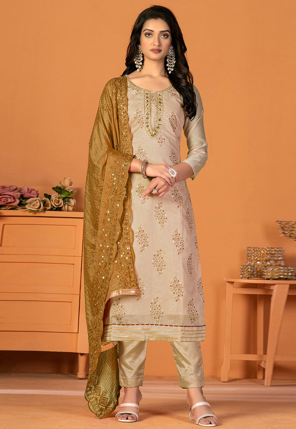 Beige Silk Pakistani Suit 270206