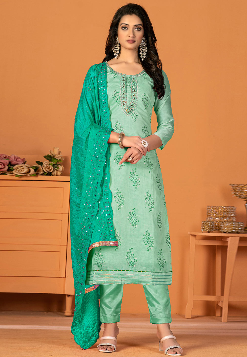 Sea Green Silk Pakistani Suit 270208