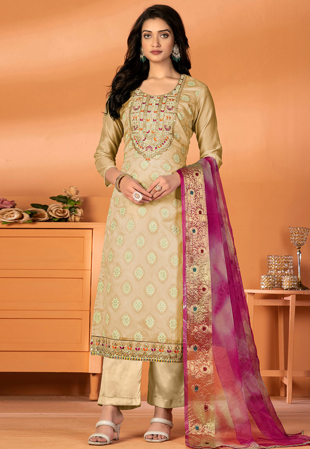 Beige Silk Pant Style Suit 270209