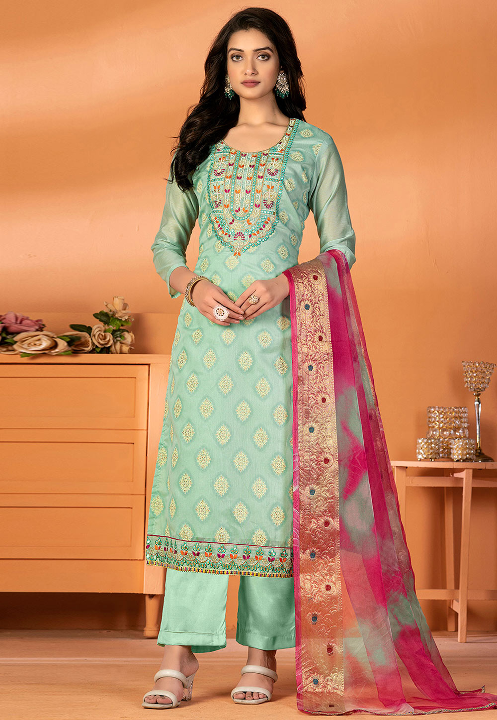 Sea Green Silk Pakistani Suit 270212