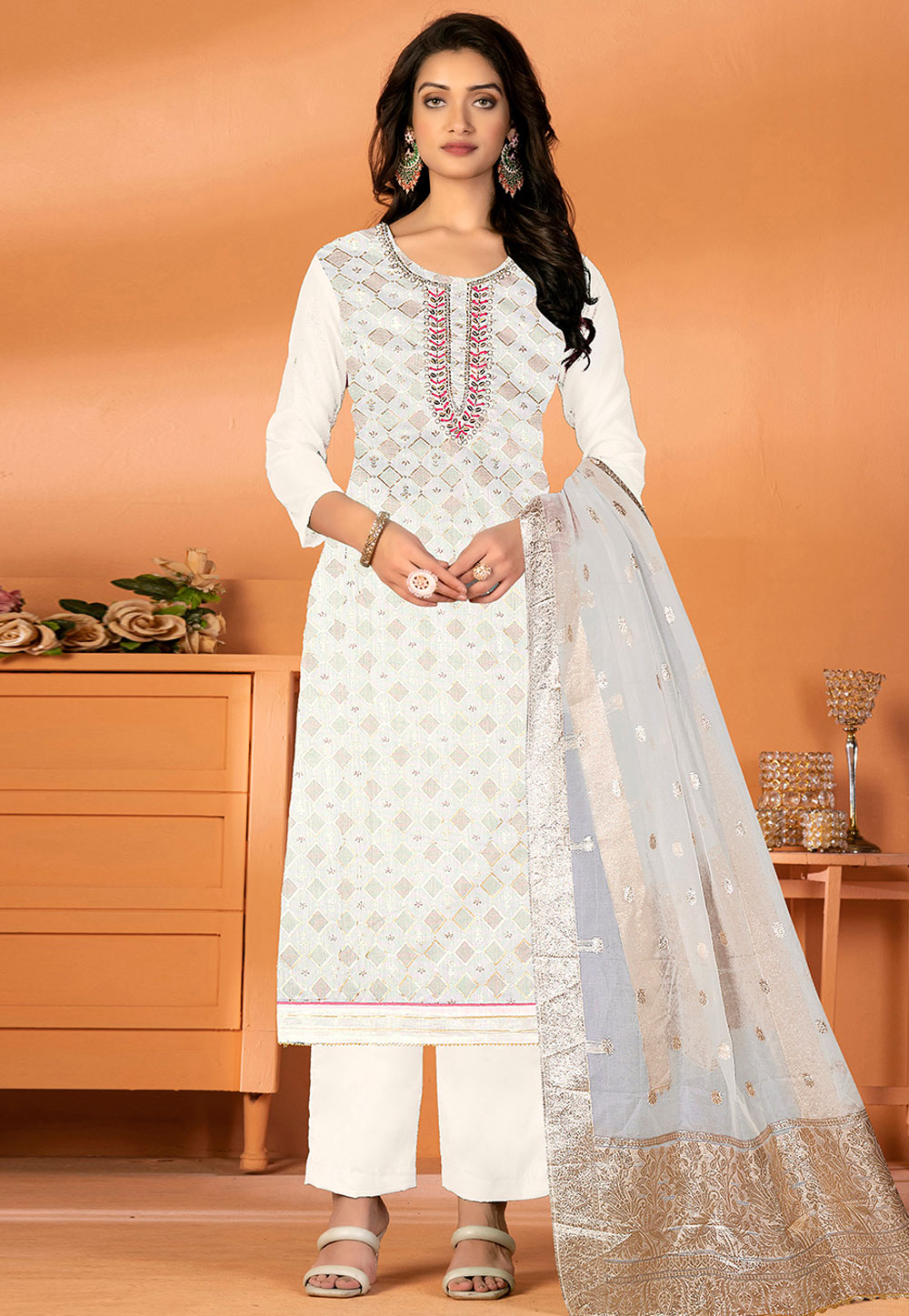 White Silk Pakistani Suit 270214