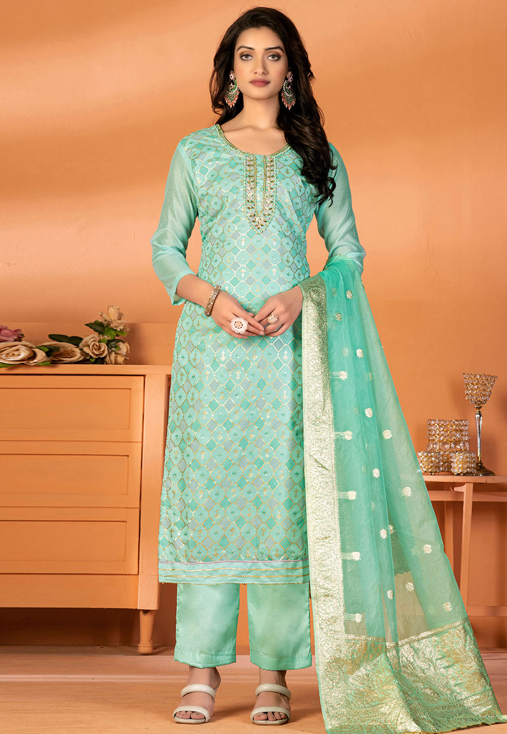 Sea Green Silk Pakistani Suit 270216
