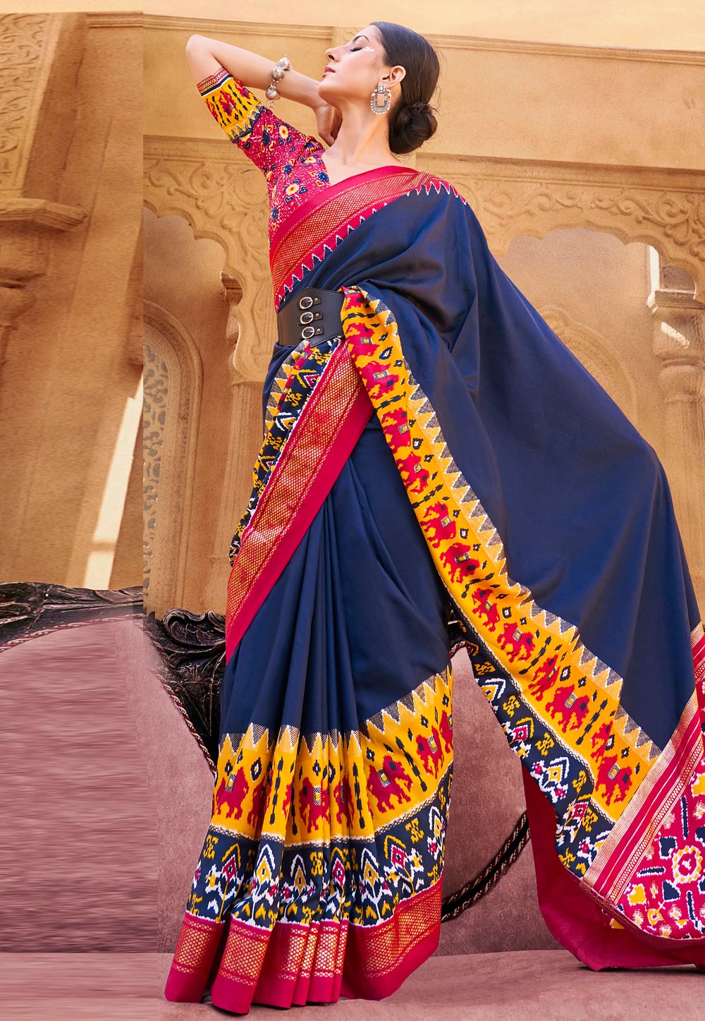 Navy Blue Cotton Silk Saree With Blouse 270350