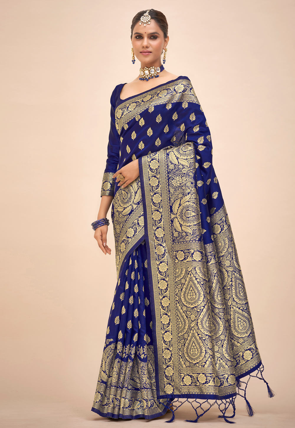 Navy Blue Banarasi Silk Saree With Blouse 270370