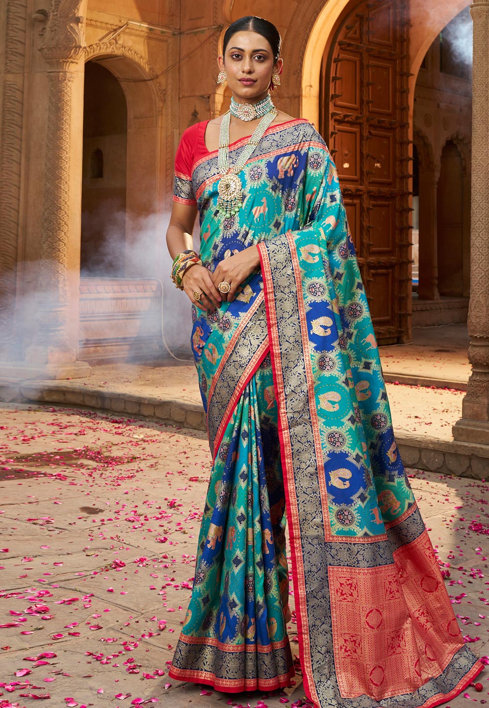 Sky Blue Cotton Silk Saree With Blouse 270376