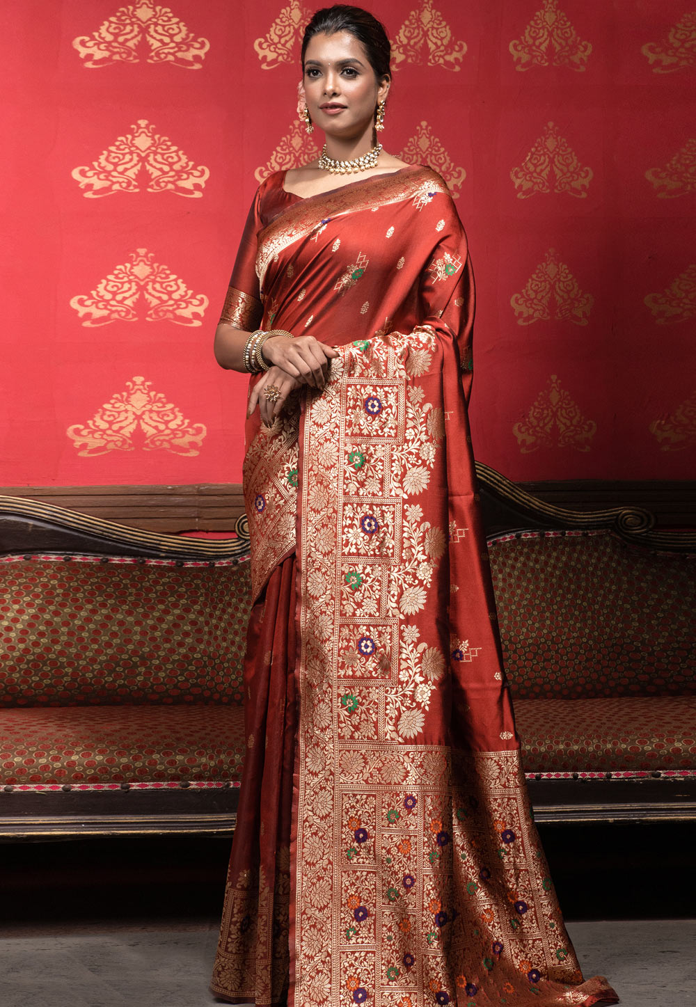 Rust Banarasi Silk Saree With Blouse 270508