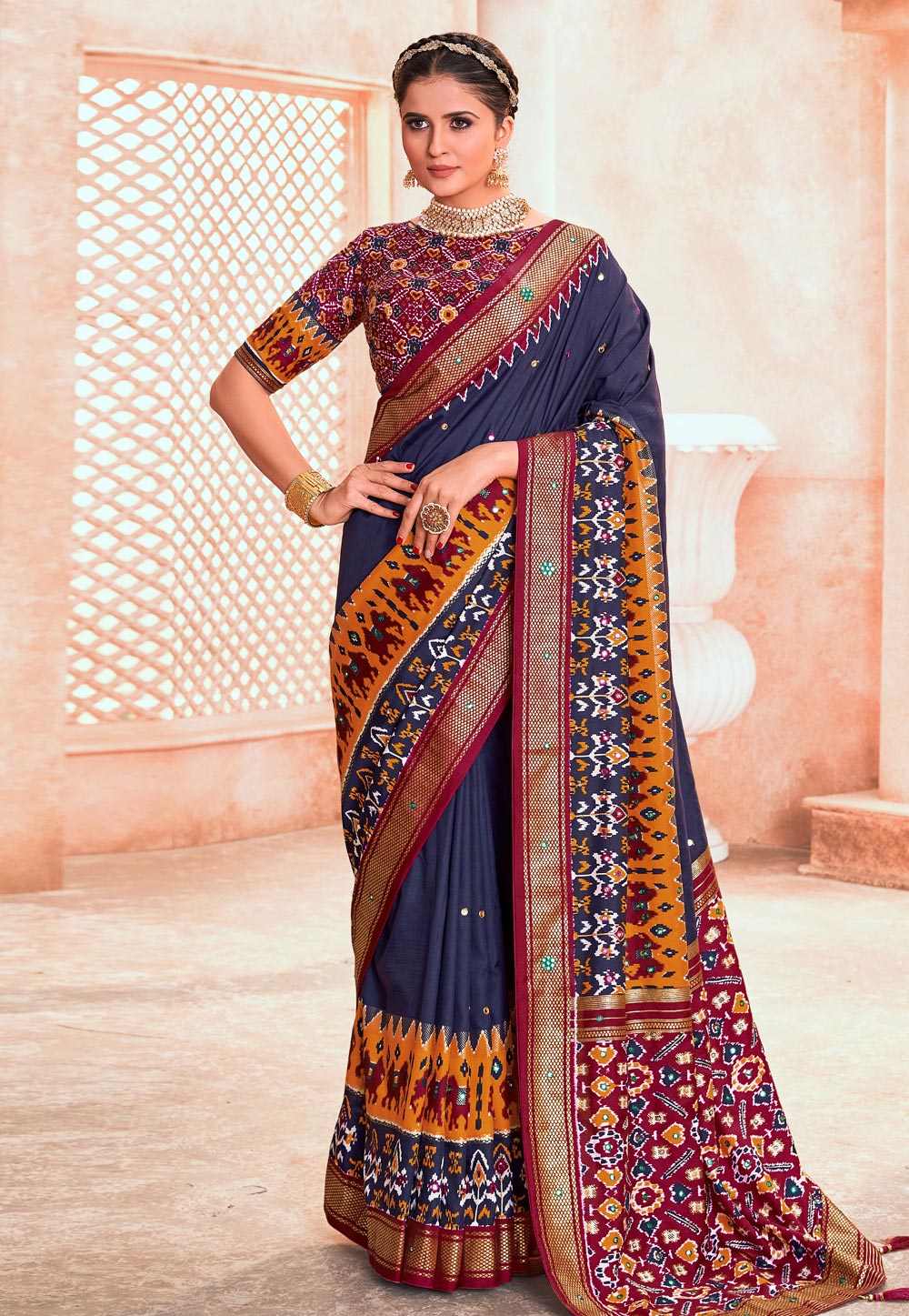 Navy Blue Cotton Silk Saree With Blouse 270513