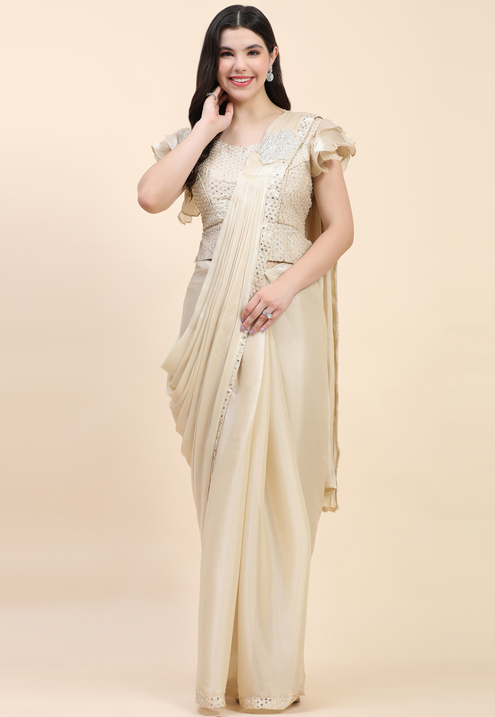 Beige Satin Silk Designer Lehenga Saree 270892